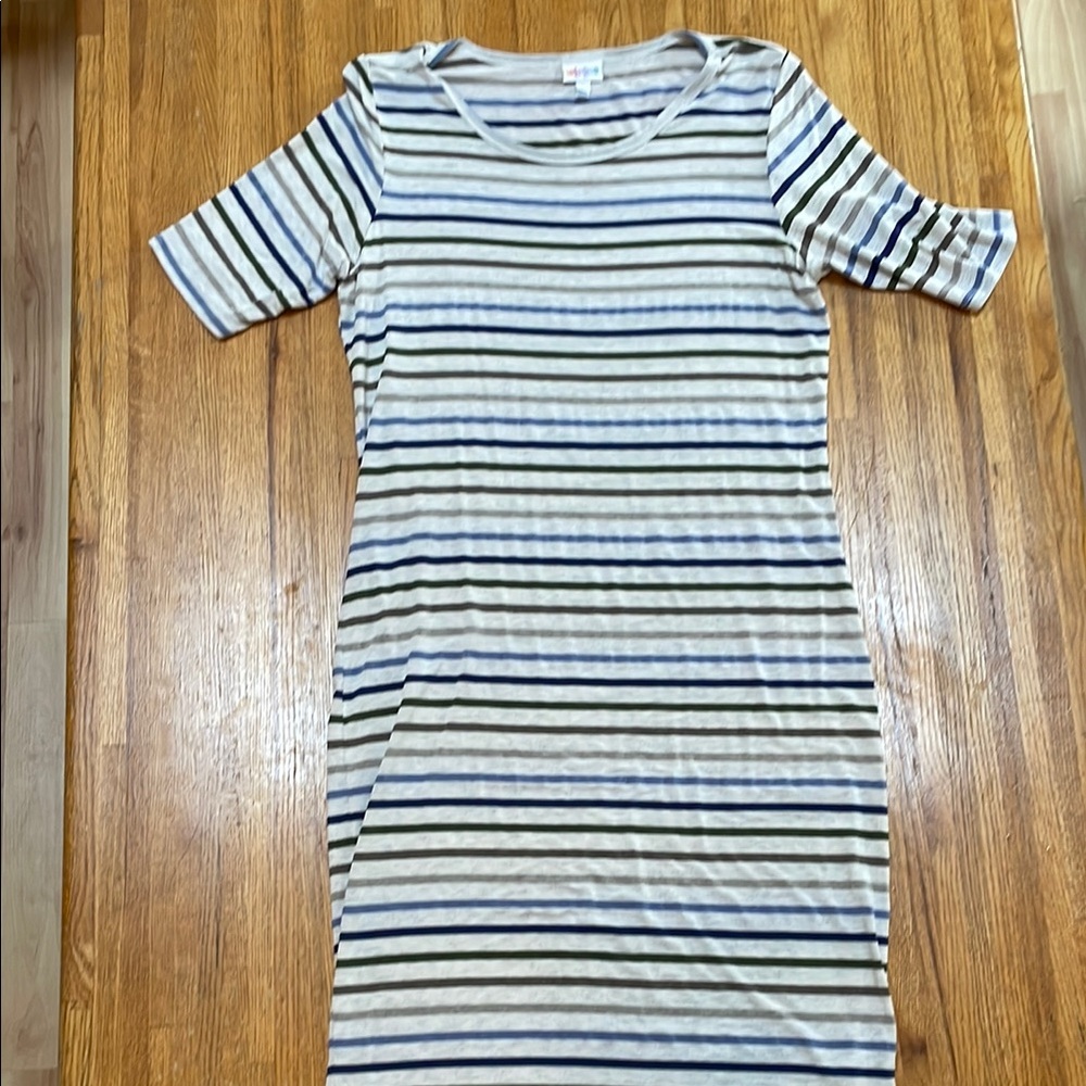 LuLaRoe Striped Julia Midi Dress in Blue, Green, Gray, and Cream